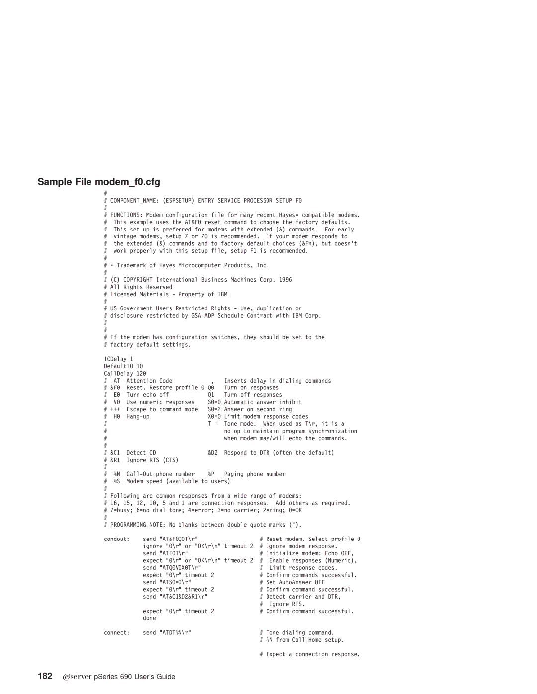 IBM pSeries690 manual Sample File modemf0.cfg, # Componentname Espsetup Entry Service Processor Setup F0 