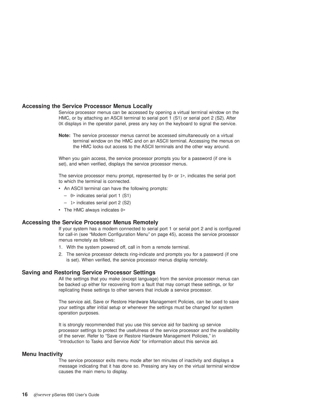 IBM pSeries690 manual Accessing the Service Processor Menus Locally, Accessing the Service Processor Menus Remotely 