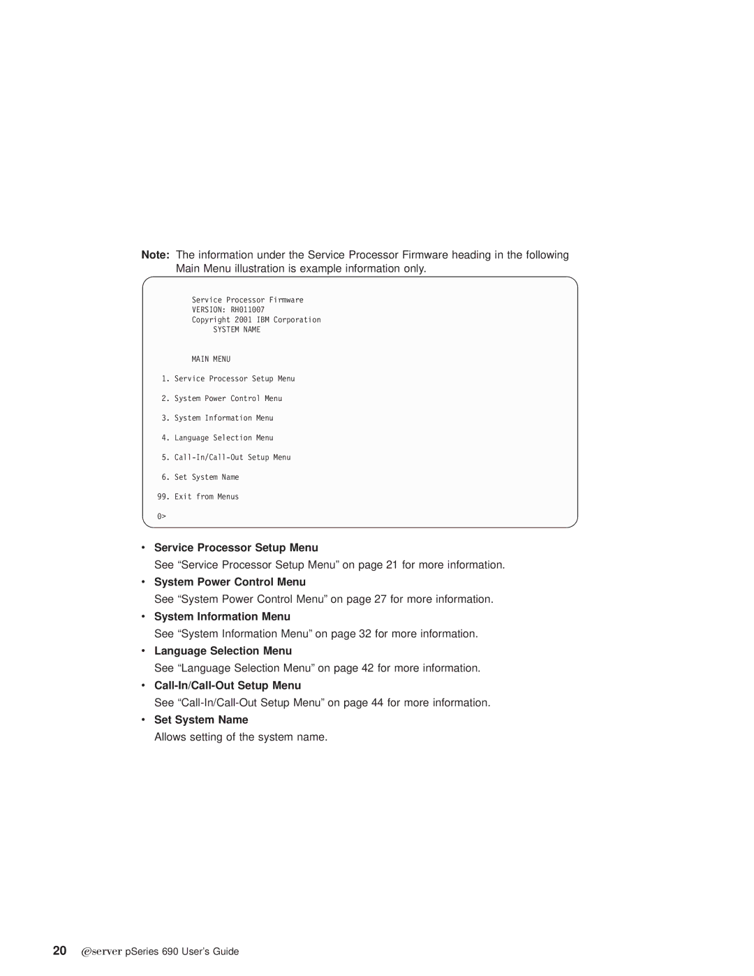 IBM pSeries690 Service Processor Setup Menu, System Power Control Menu, System Information Menu, Language Selection Menu 