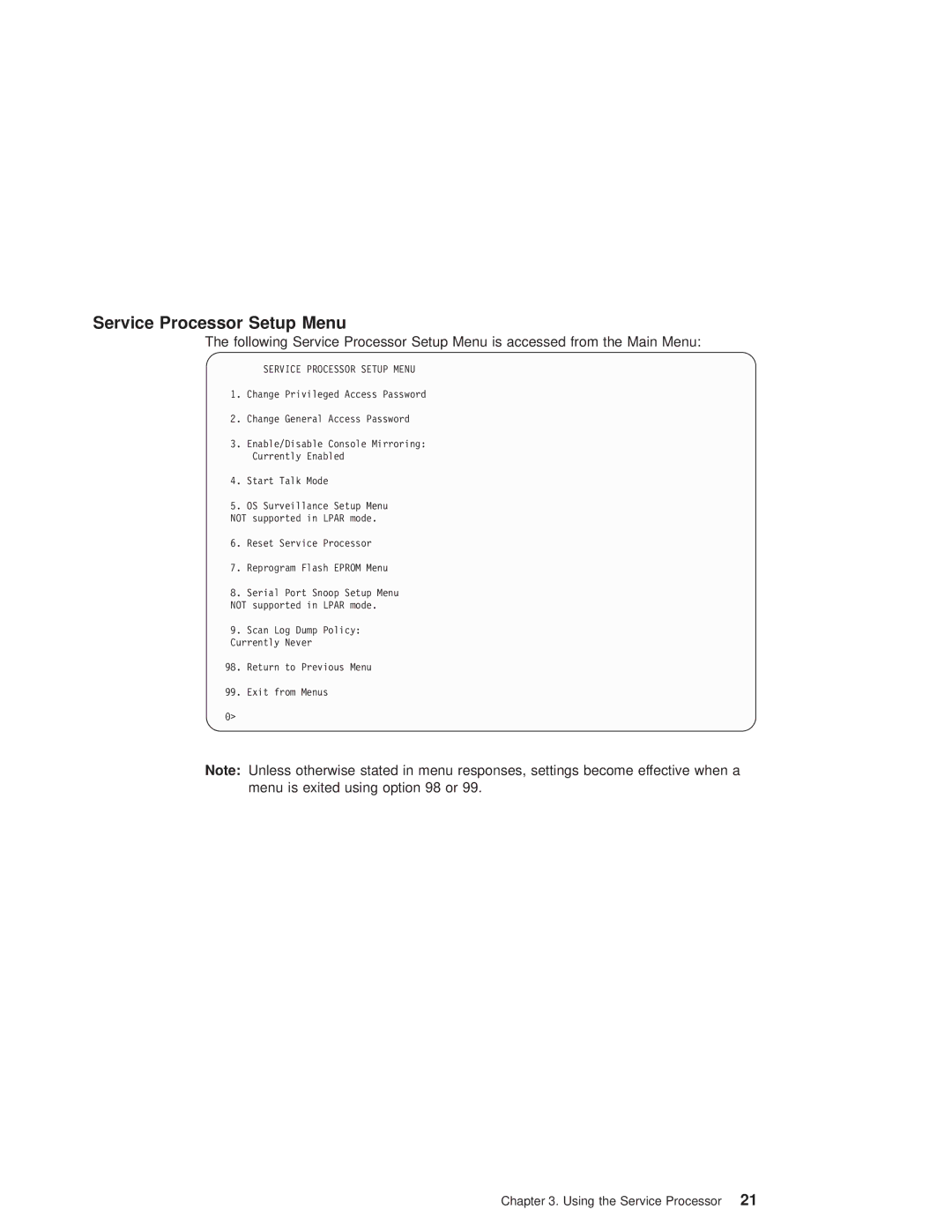 IBM pSeries690 manual Service Processor Setup Menu 