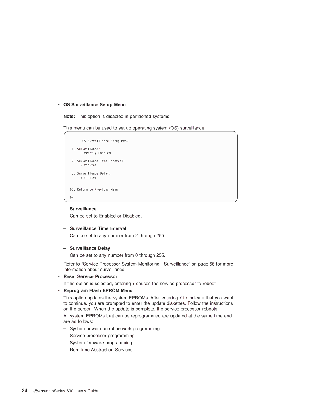 IBM pSeries690 OS Surveillance Setup Menu, ± Surveillance Time Interval, ± Surveillance Delay, Reset Service Processor 