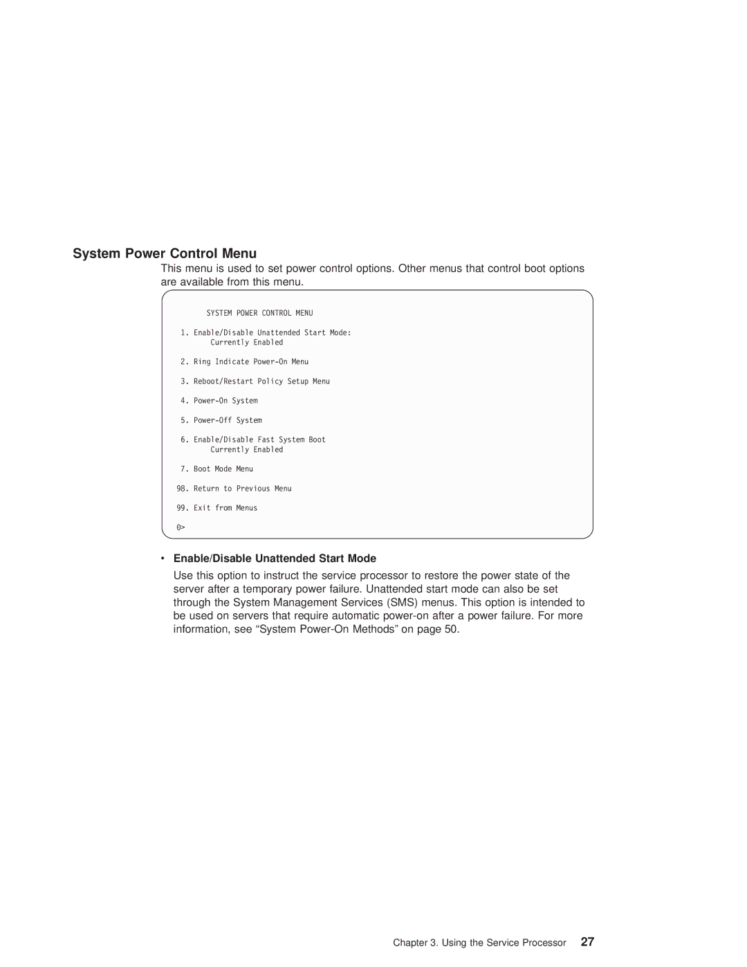 IBM pSeries690 manual System Power Control Menu, Enable/Disable Unattended Start Mode 