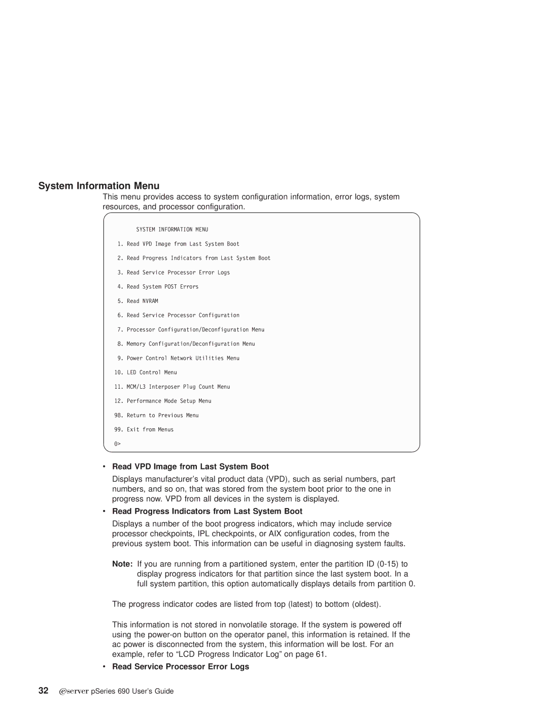 IBM pSeries690 manual System Information Menu 