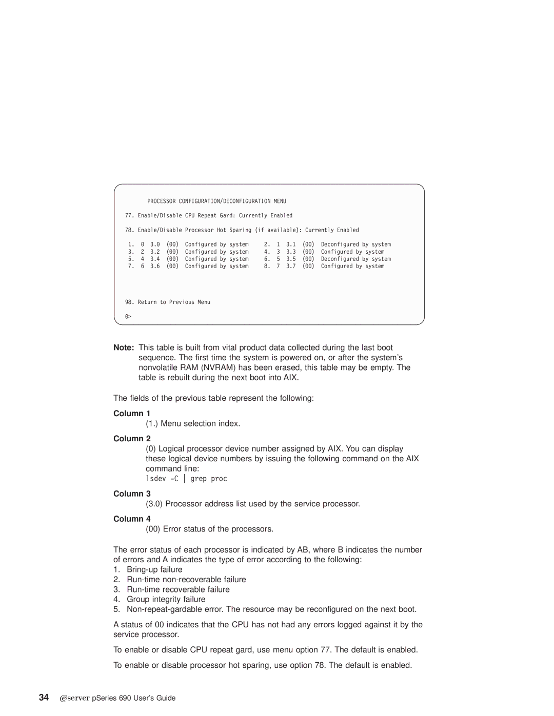 IBM pSeries690 manual Column, Processor CONFIGURATION/DECONFIGURATION Menu 