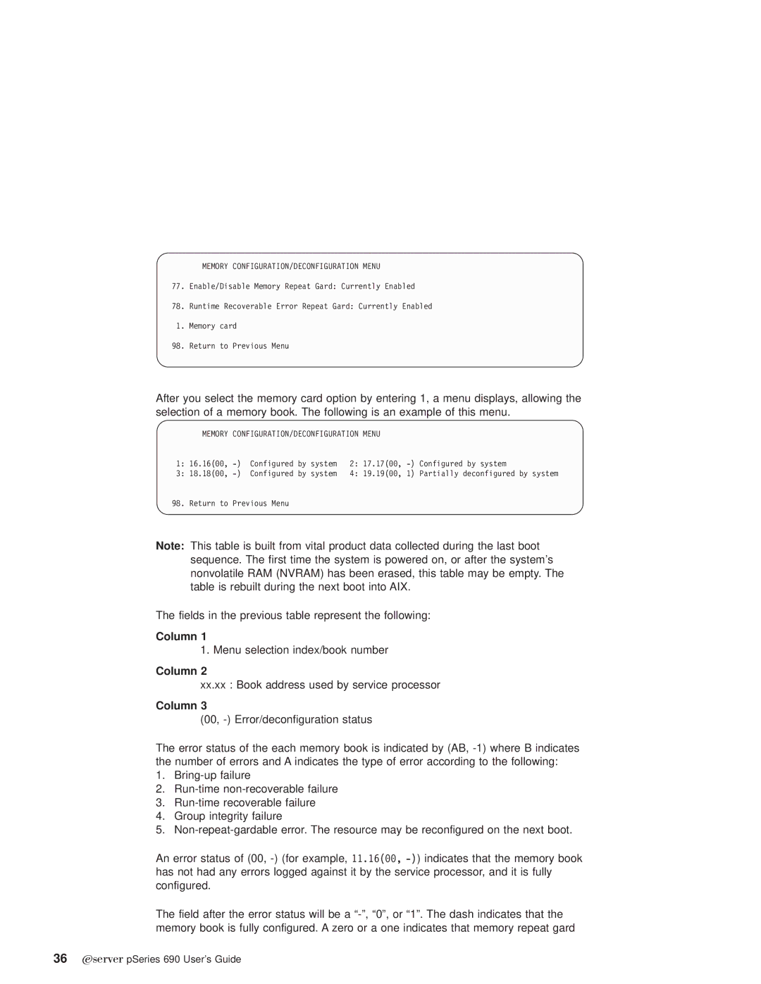 IBM pSeries690 manual Memory CONFIGURATION/DECONFIGURATION Menu 