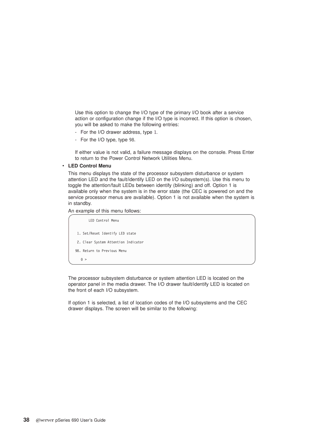 IBM pSeries690 manual LED Control Menu 