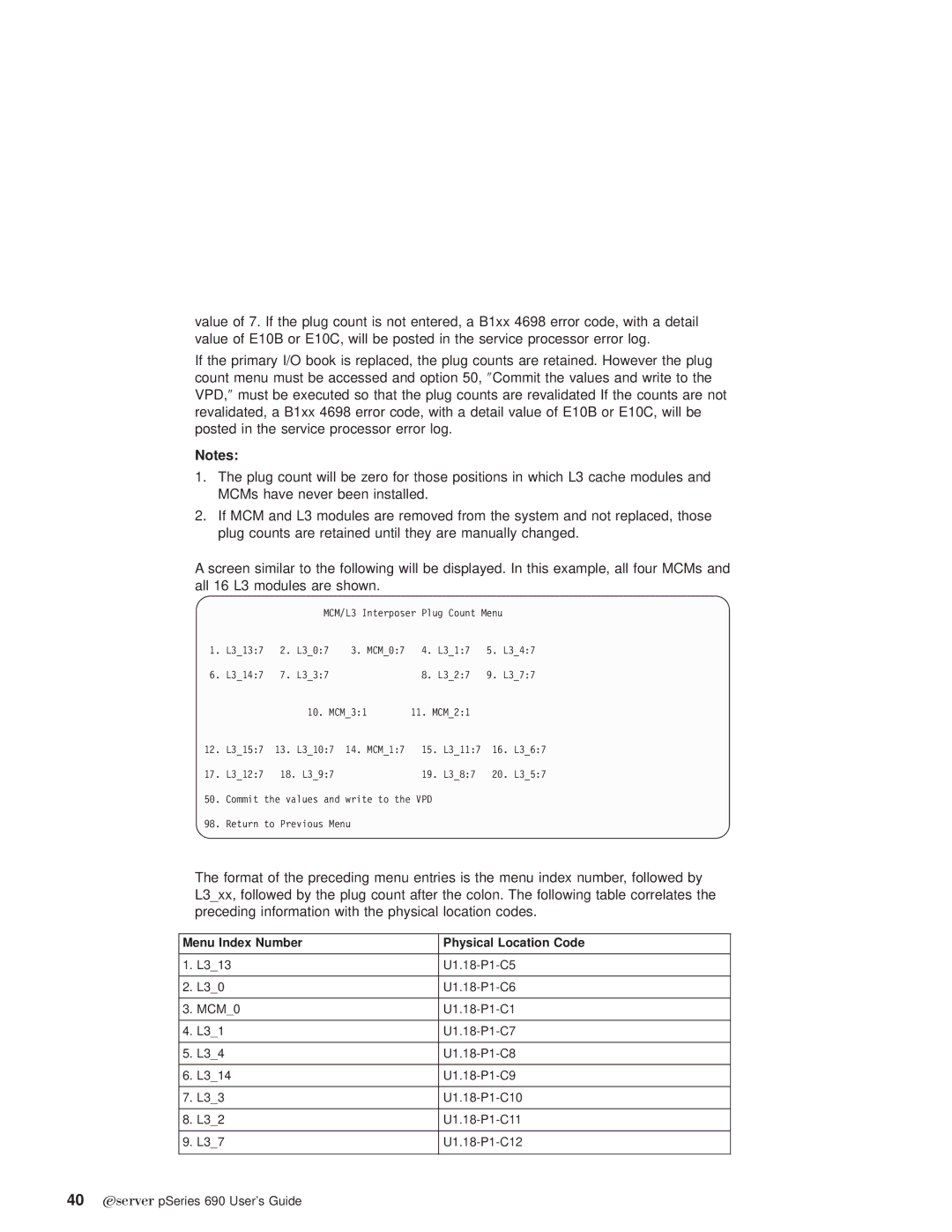 IBM pSeries690 manual Menu Index Number Physical Location Code 