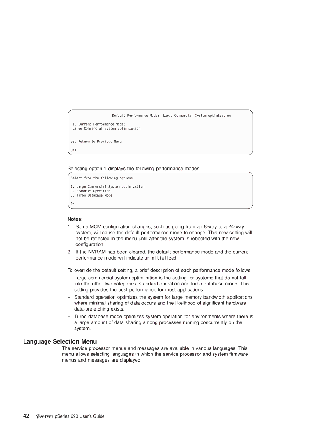 IBM pSeries690 manual Language Selection Menu, Selecting option 1 displays the following performance modes 