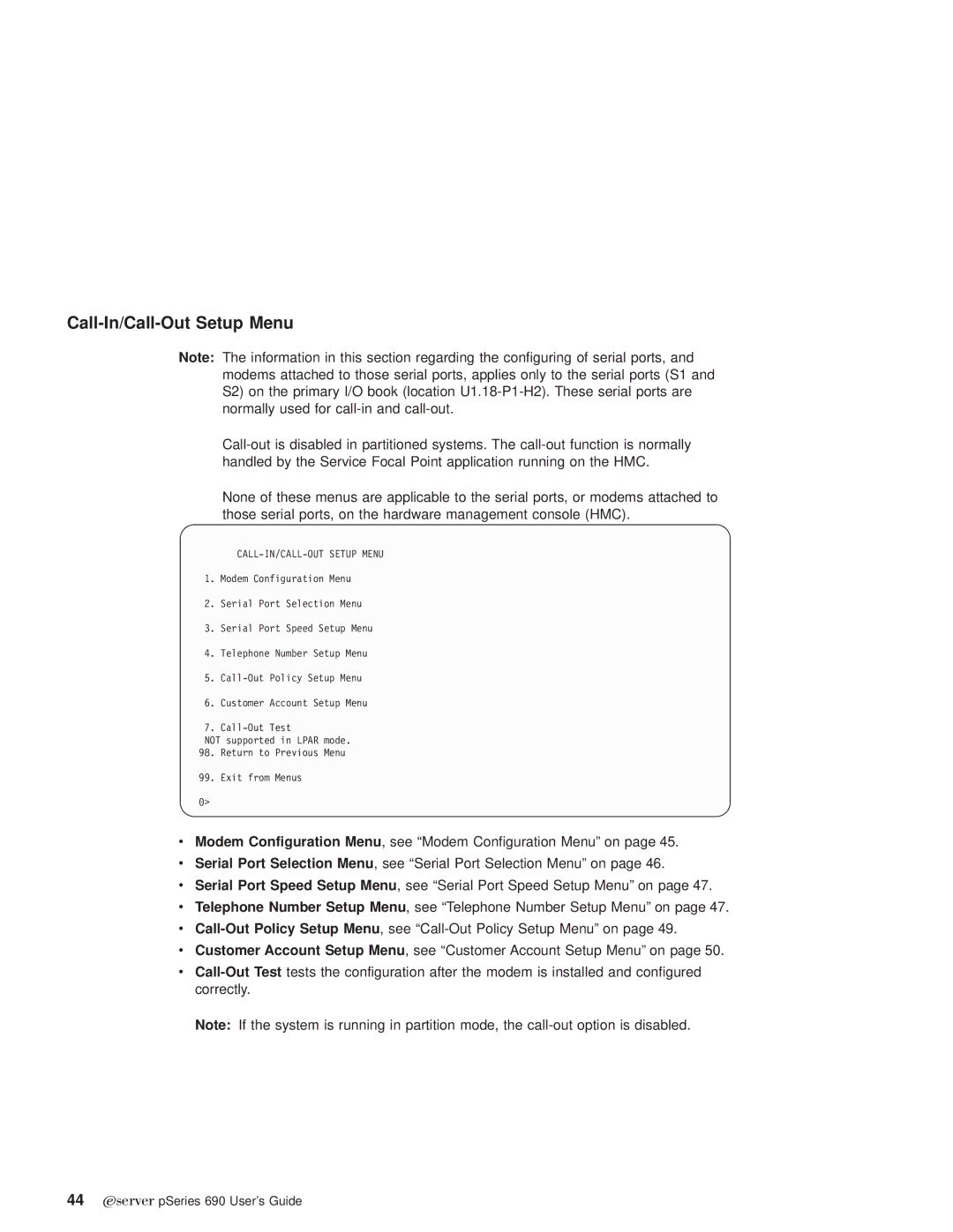 IBM pSeries690 manual Call-In/Call-Out Setup Menu, CALL-IN/CALL-OUT Setup Menu 