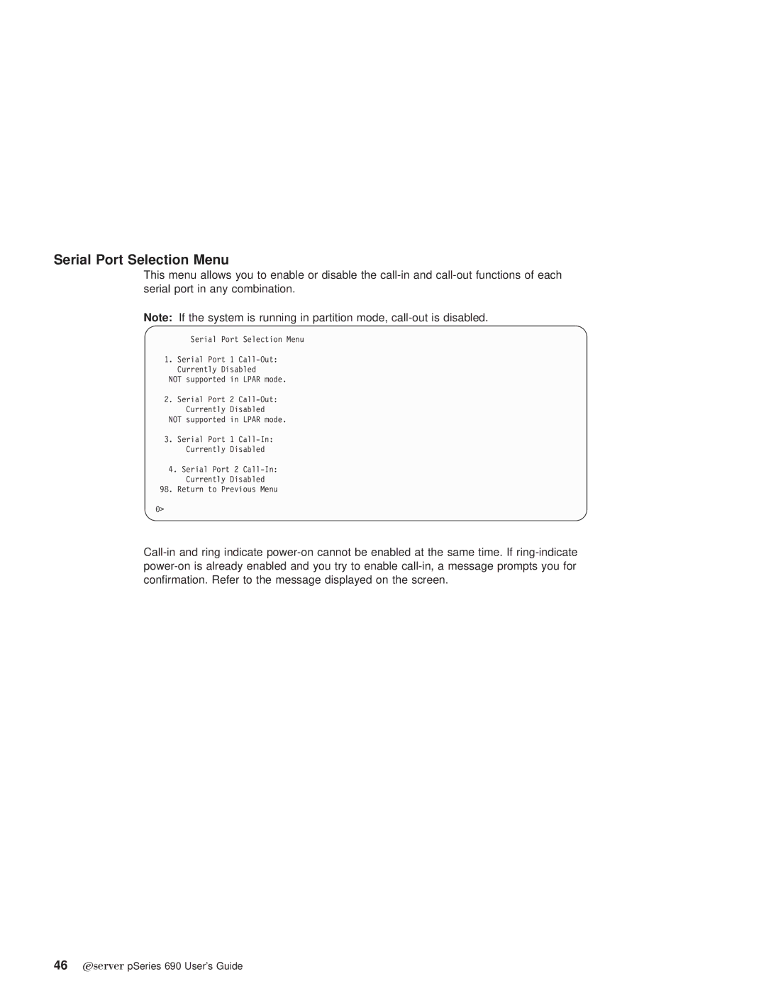 IBM pSeries690 manual Serial Port Selection Menu 