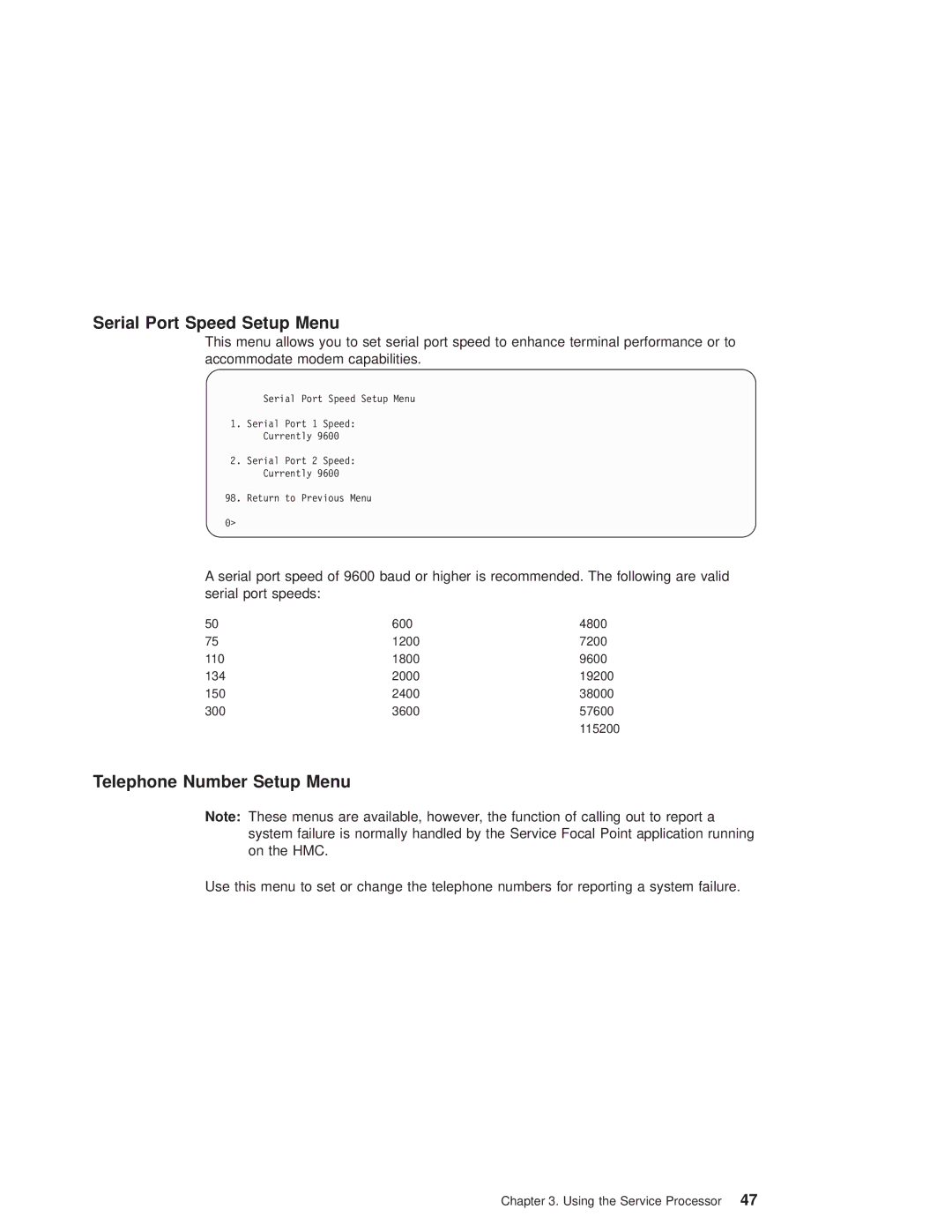 IBM pSeries690 manual Serial Port Speed Setup Menu, Telephone Number Setup Menu 