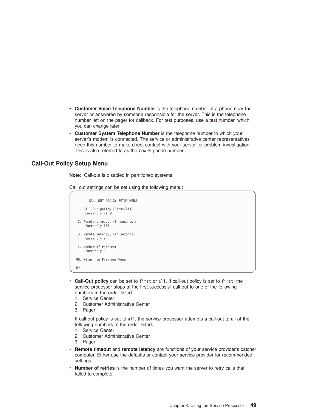 IBM pSeries690 manual Call-Out Policy Setup Menu, CALL-OUT Policy Setup Menu 