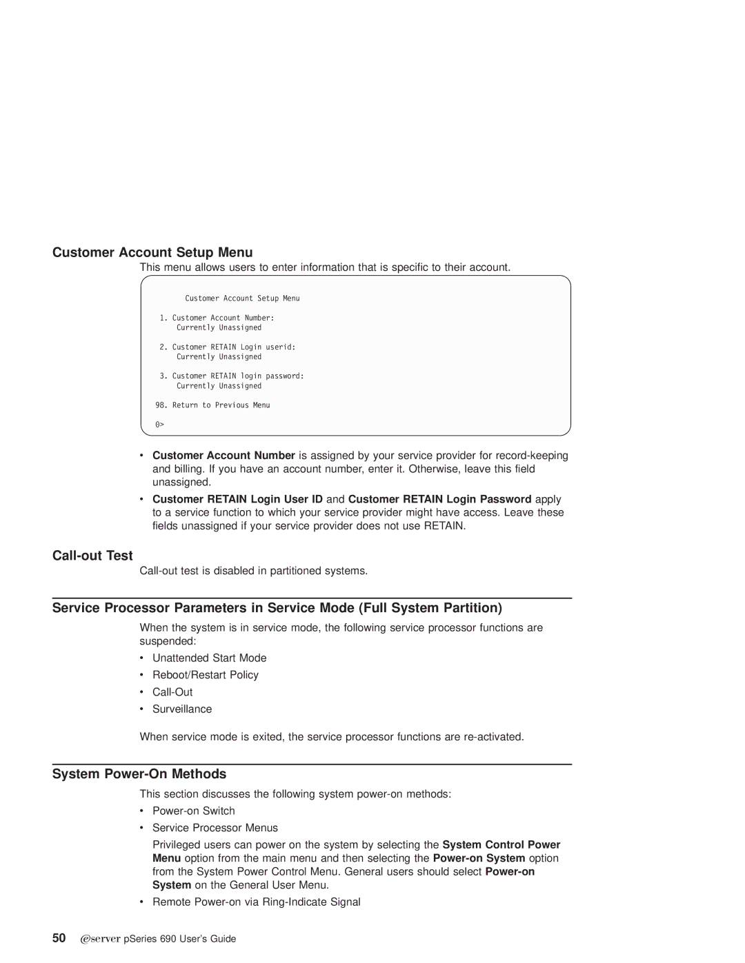 IBM pSeries690 manual Customer Account Setup Menu, Call-out Test 