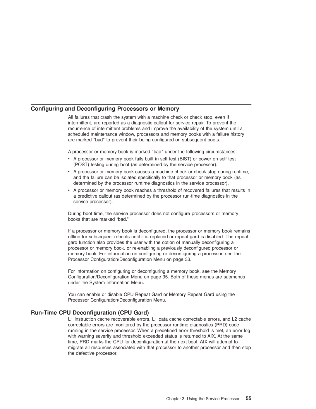 IBM pSeries690 manual Configuring and Deconfiguring Processors or Memory, Run-Time CPU Deconfiguration CPU Gard 