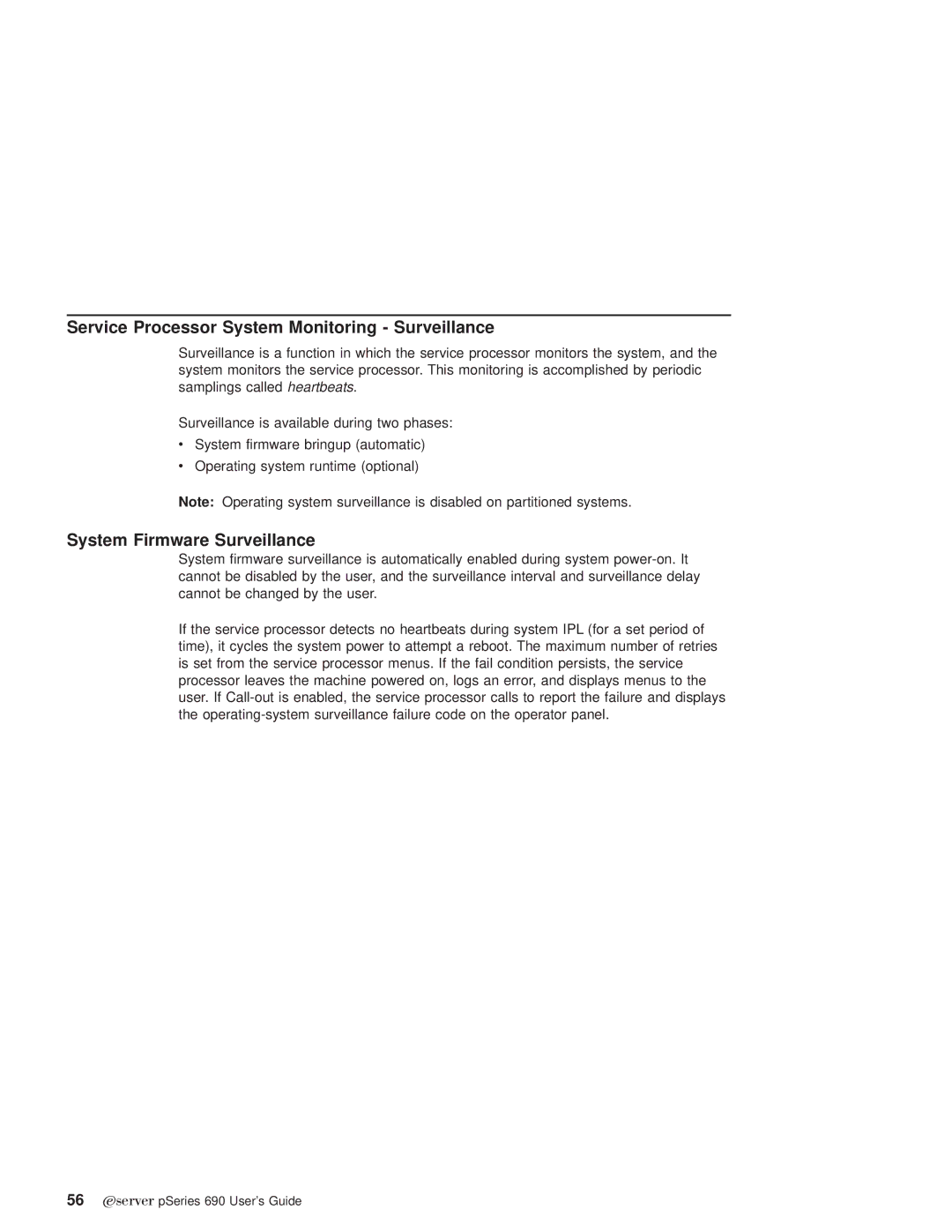 IBM pSeries690 manual Service Processor System Monitoring Surveillance, System Firmware Surveillance 