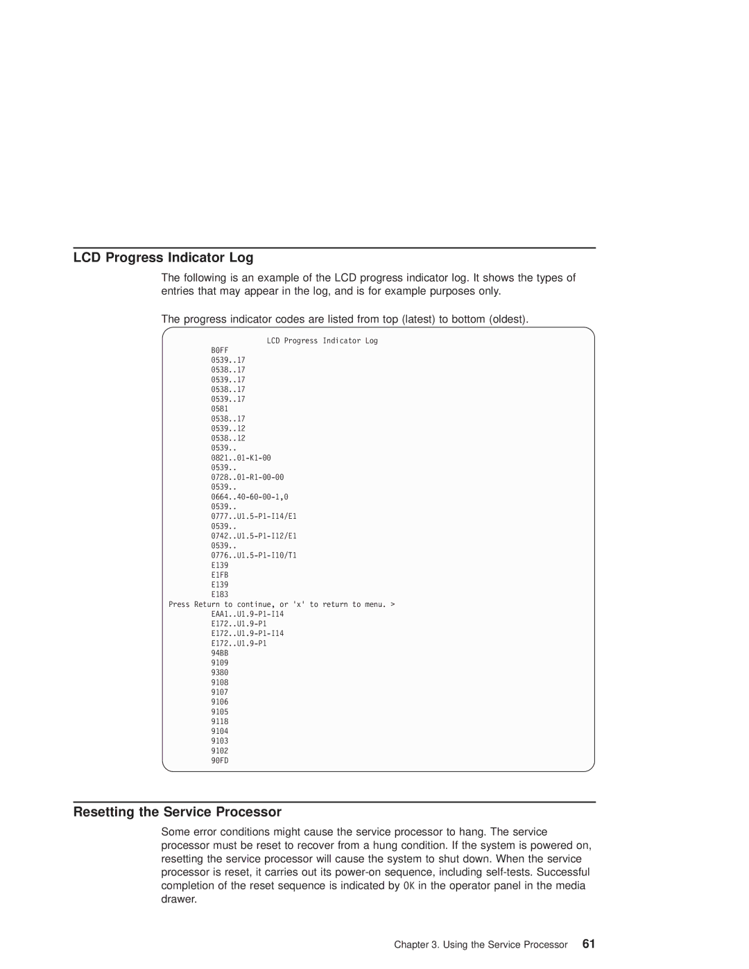 IBM pSeries690 manual LCD Progress Indicator Log, Resetting the Service Processor, E1FB 