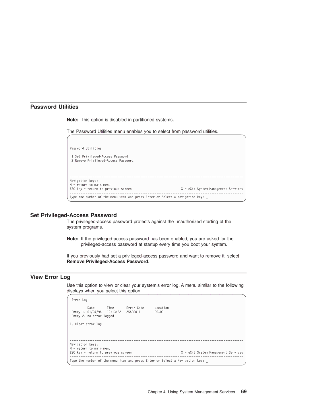 IBM pSeries690 manual Password Utilities, Set Privileged-Access Password, View Error Log, Esc 