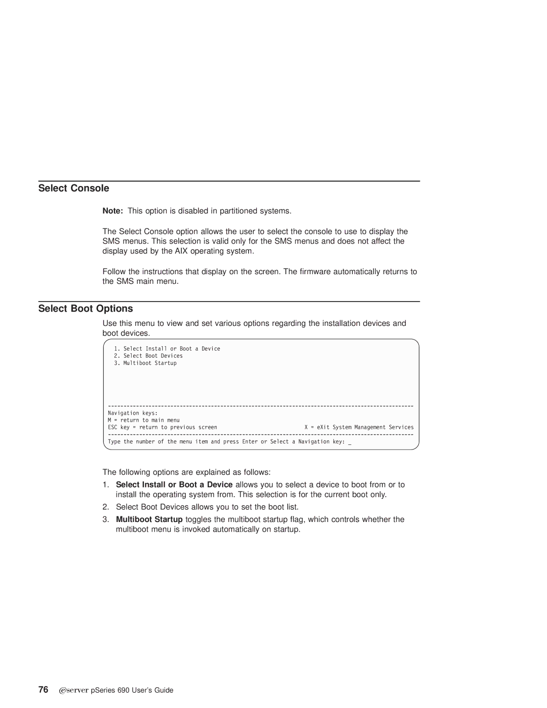 IBM pSeries690 manual Select Console, Select Boot Options 