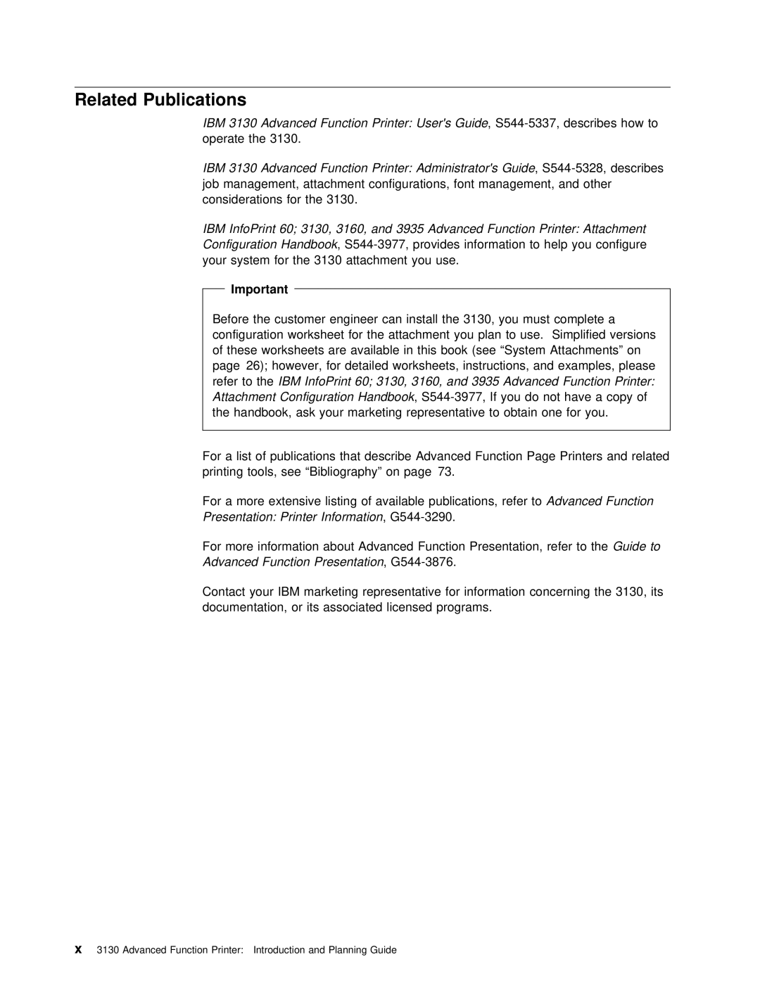 IBM q5-44-3974-04 manual Related Publications, 60 3130, 3160, and 3935 Advanced Function Printer, Attachment Configuration 