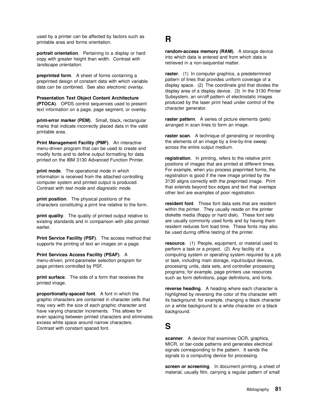 IBM q5-44-3974-04 manual Portrait, Araster, Scan, Registration, Print Mode, Print Position, Print Quality, Facility PSF 