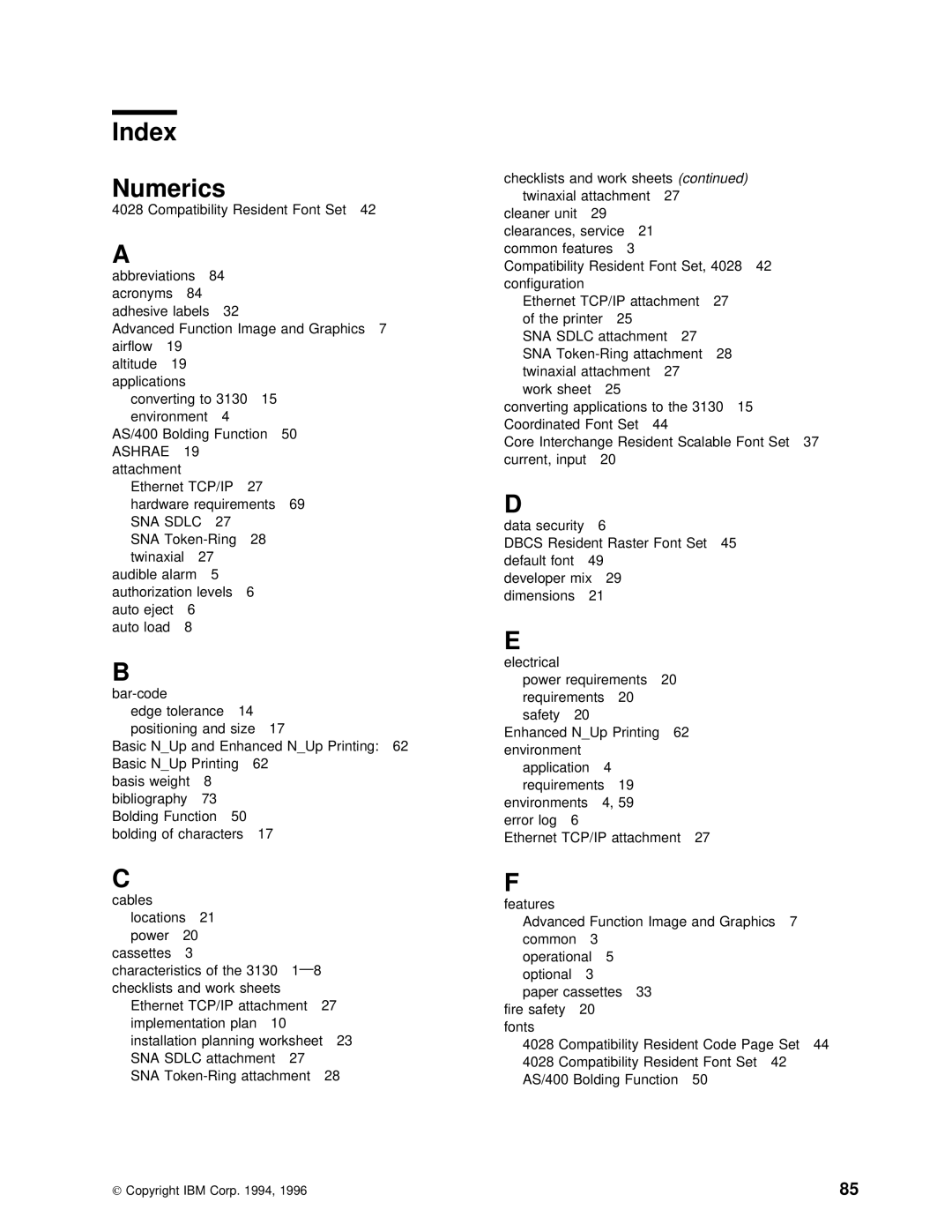 IBM q5-44-3974-04 manual Index Numerics 