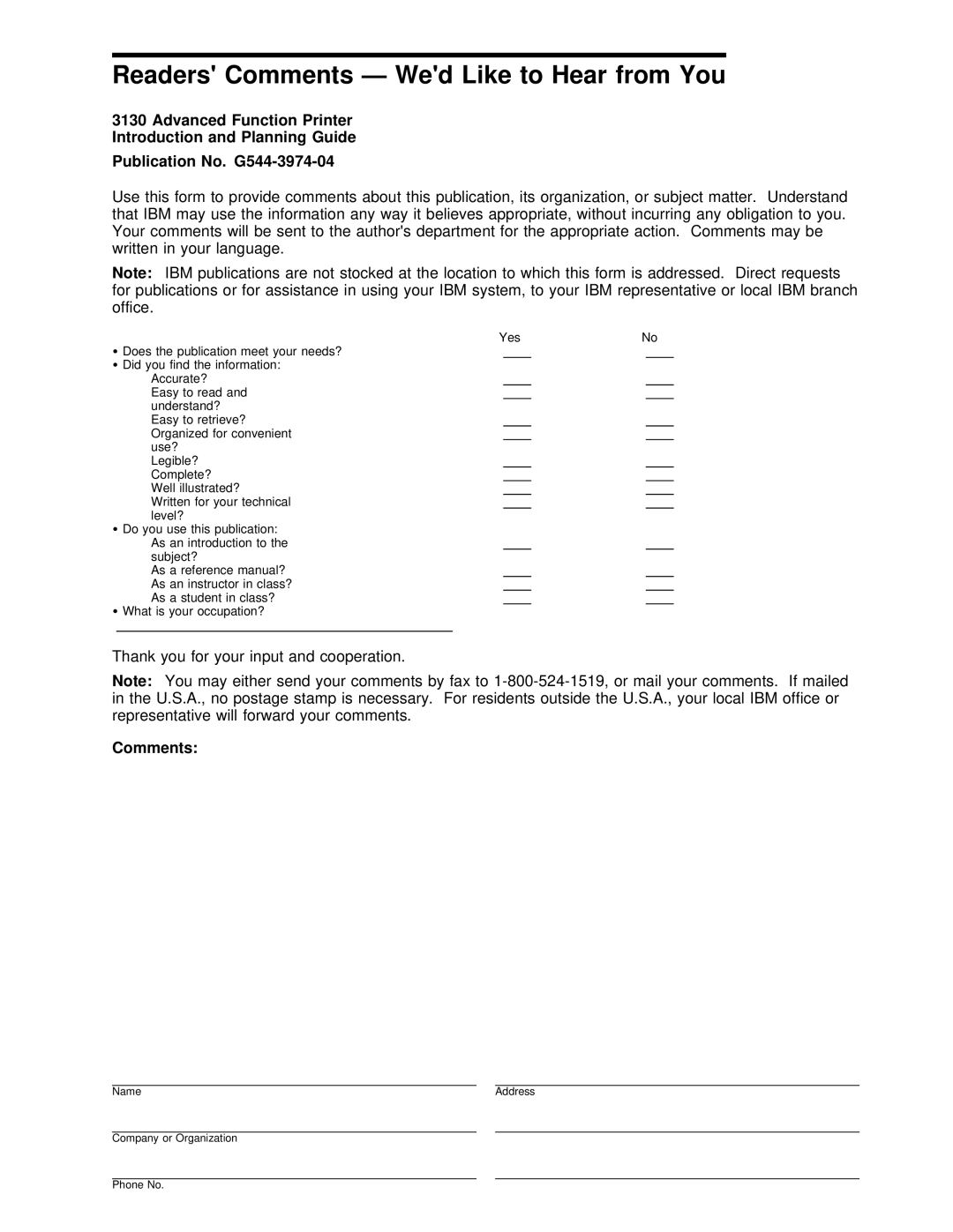 IBM q5-44-3974-04 manual Readers Comments Wed Like to Hear from You 