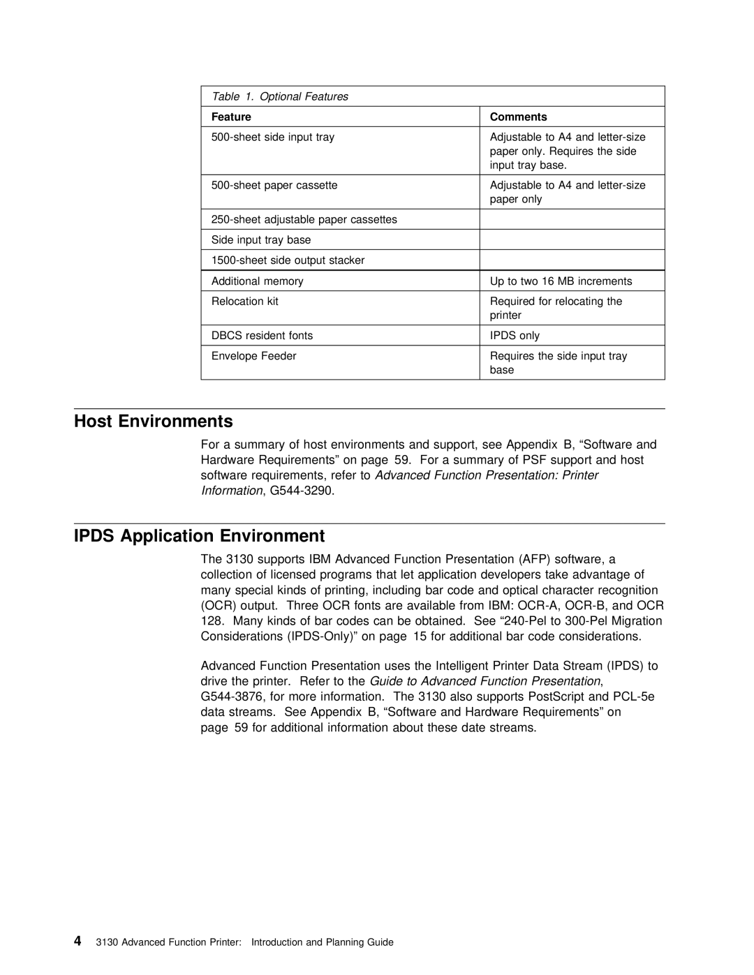 IBM q5-44-3974-04 manual Host Environments, Ipds Application Environment, Optional Features 