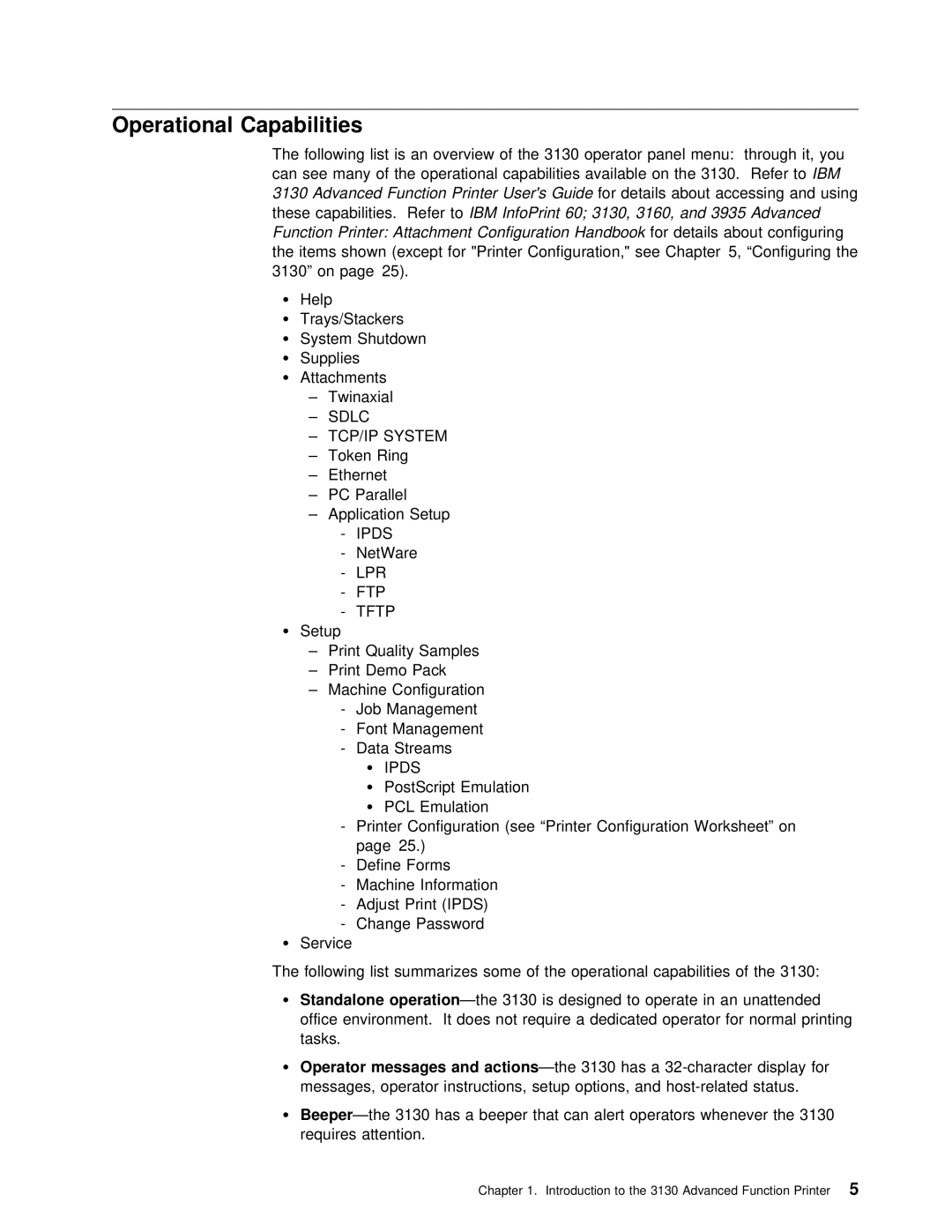 IBM q5-44-3974-04 manual Operational Capabilities, Advanced Function Printer Users forGuide details, Sdlc TCP/IP System 