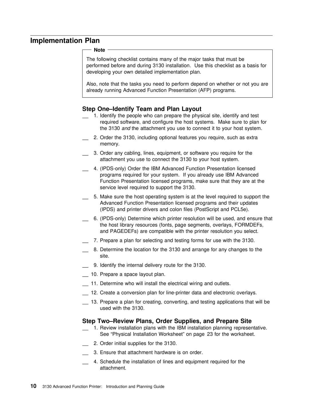 IBM q5-44-3974-04 manual Implementation Plan, Step Two-Review, Site 