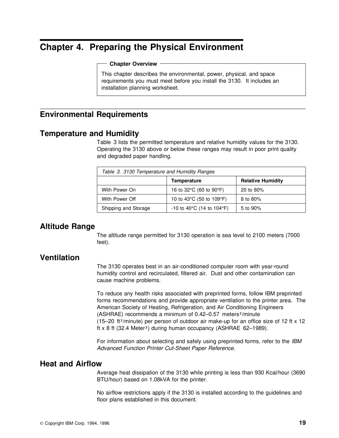 IBM q5-44-3974-04 Preparing the Physical Environment, Environmental Requirements Temperature and Humidity, Altitude Range 