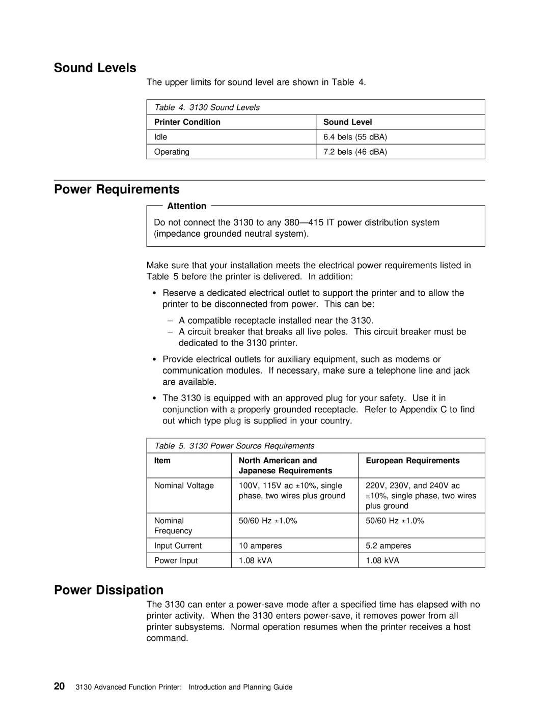 IBM q5-44-3974-04 manual Sound Levels, Power Requirements, Power Dissipation 