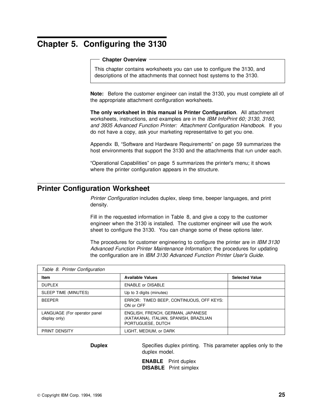 IBM q5-44-3974-04 manual Configuring, Printer Configuration Worksheet, 3160, In3130 Advanced Function Printer Users Guide 