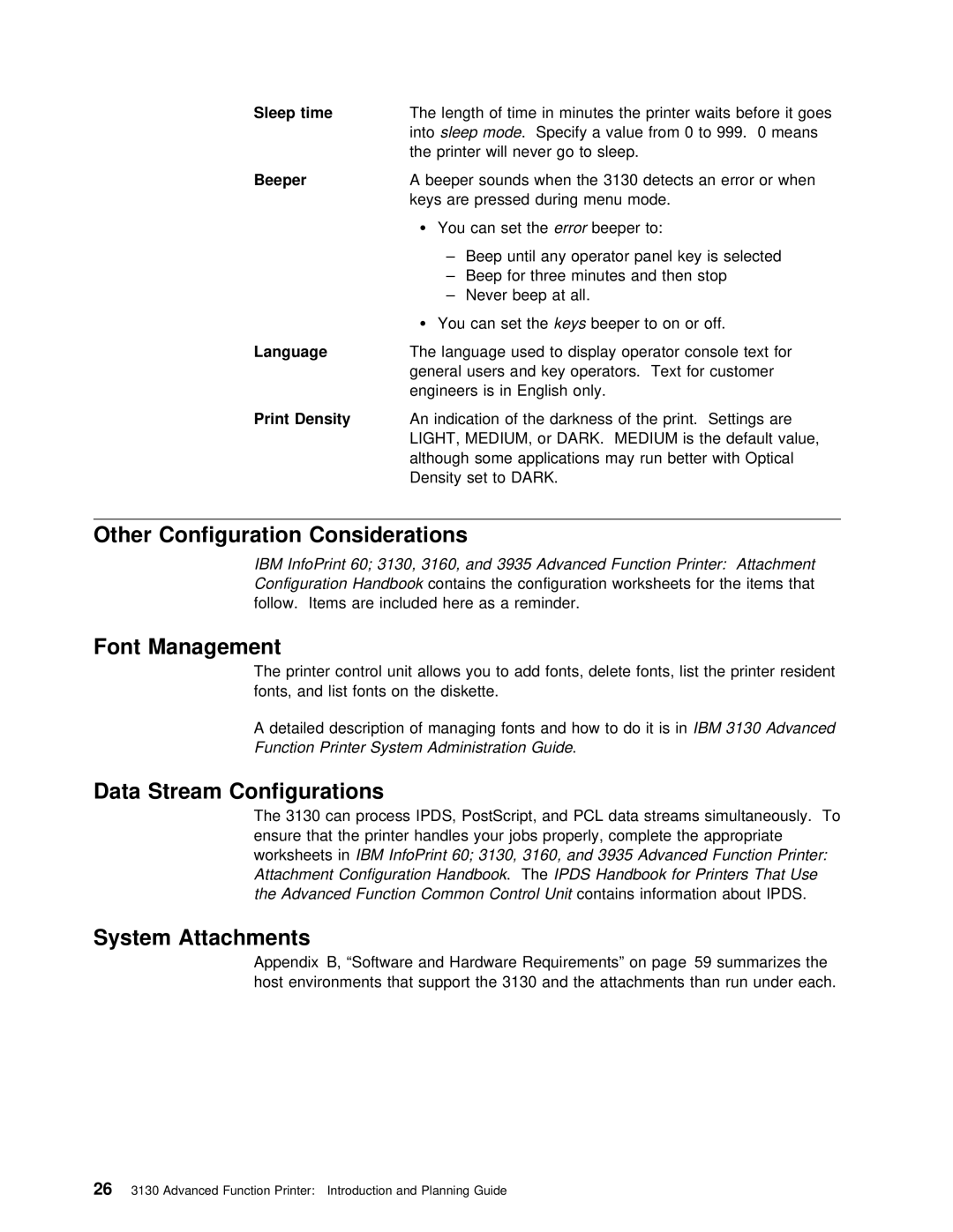 IBM q5-44-3974-04 Other Configuration Considerations, Font Management, Data Stream Configurations, System Attachments 