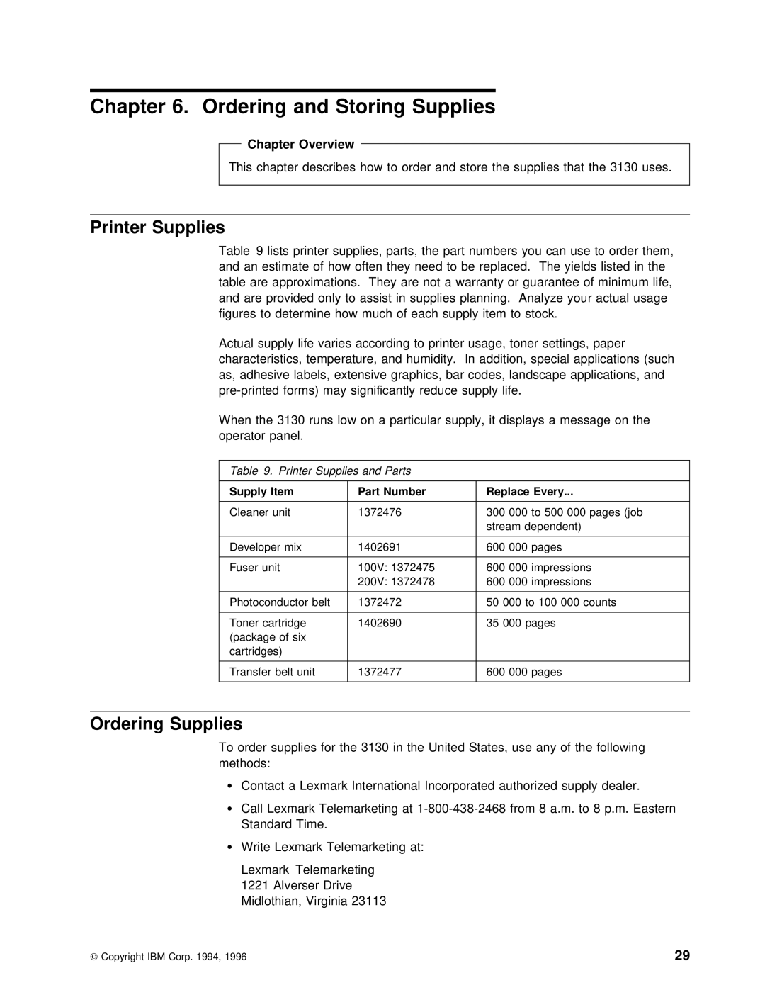 IBM q5-44-3974-04 manual Ordering and Storing Supplies, Printer Supplies, Ordering Supplies, Part Number Replace Every 