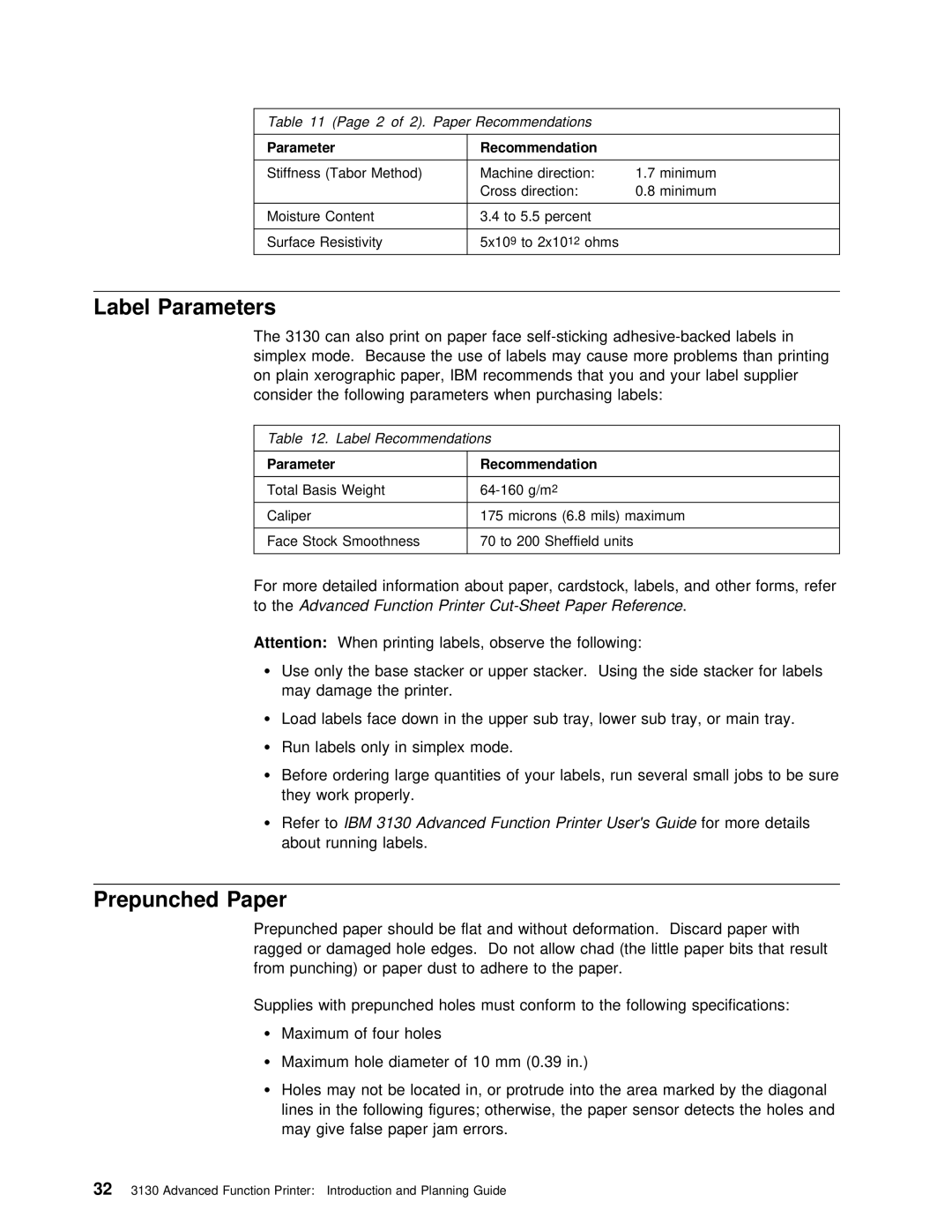 IBM q5-44-3974-04 manual Label Parameters, Prepunched Paper, To theAdvanced Function Printer Cut-Sheet Paper .Reference 