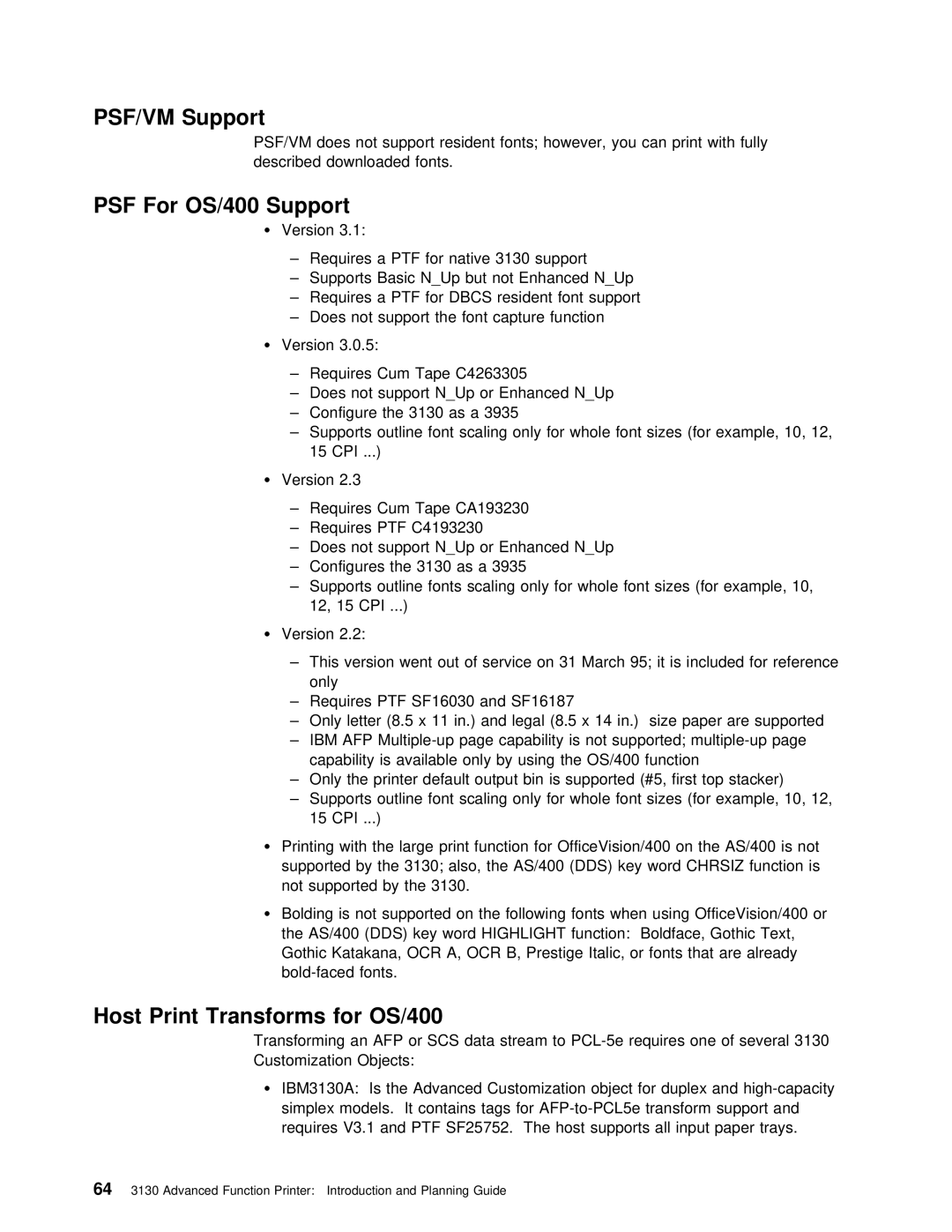 IBM q5-44-3974-04 manual PSF/VM Support, PSF For OS/400 Support, Host Print Transforms for OS/400, Cpi, Chrsiz 