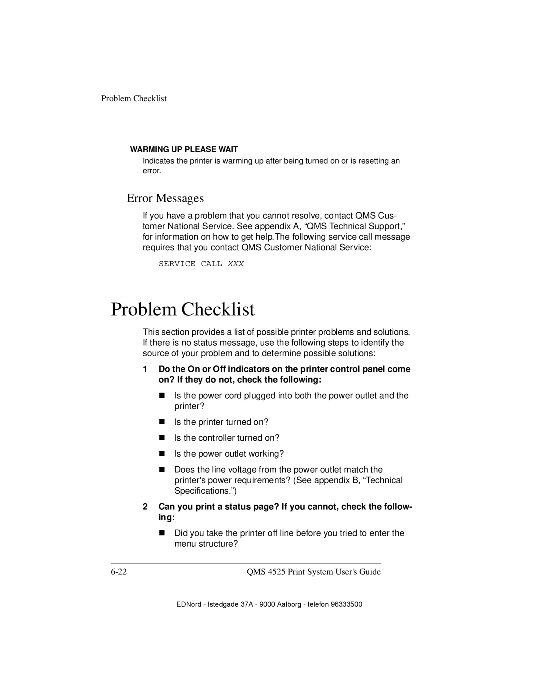 IBM QMS 4525 manual Problem Checklist, Error Messages 