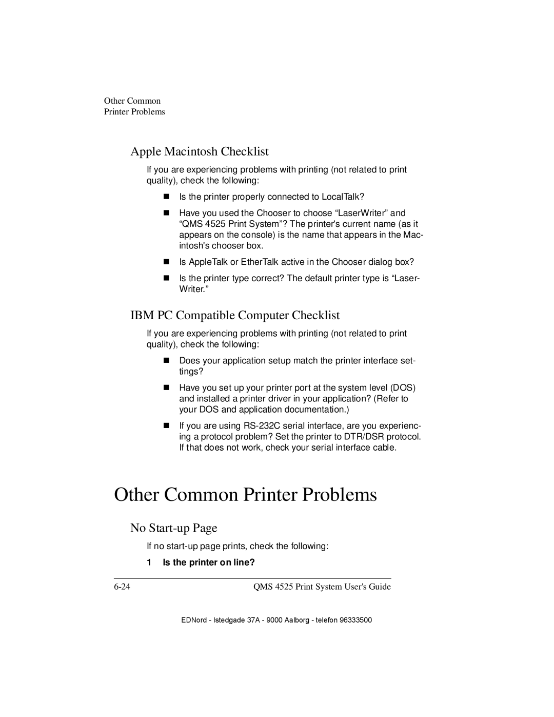 IBM QMS 4525 manual Other Common Printer Problems, Apple Macintosh Checklist, IBM PC Compatible Computer Checklist 
