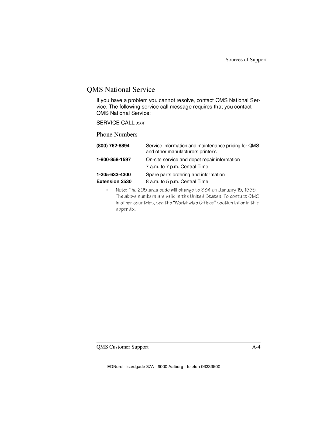 IBM QMS 4525 manual QMS National Service, Phone Numbers, Sources of Support, QMS Customer Support 