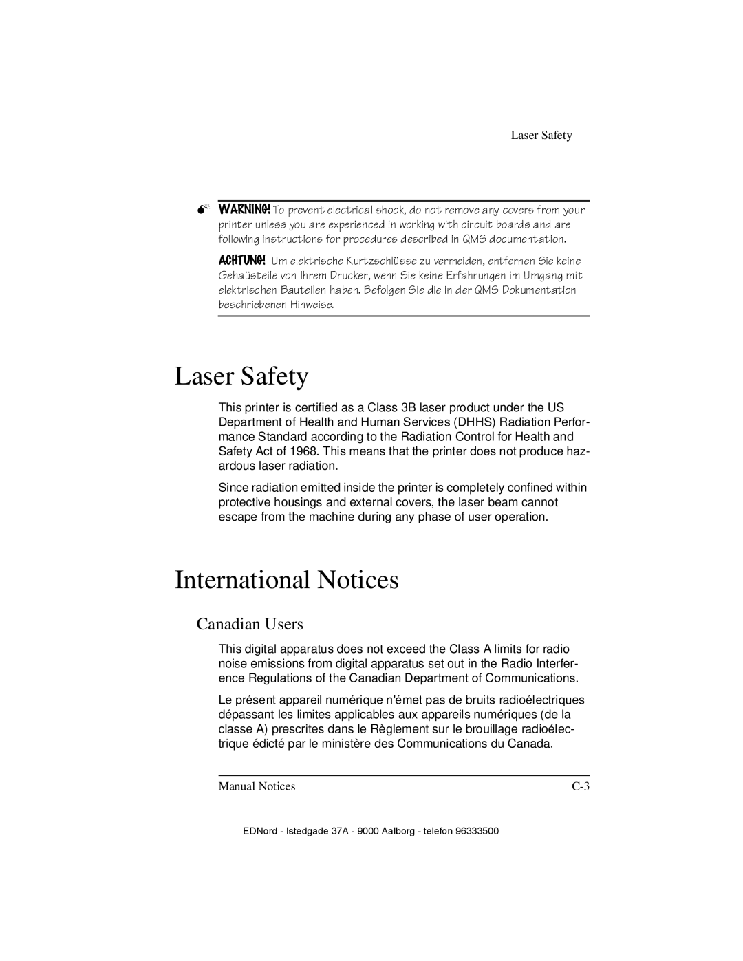 IBM QMS 4525 manual Laser Safety, International Notices, Canadian Users 