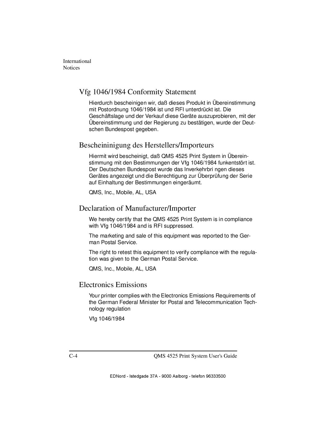 IBM QMS 4525 manual Vfg 1046/1984 Conformity Statement, Bescheininigung des Herstellers/Importeurs, Electronics Emissions 