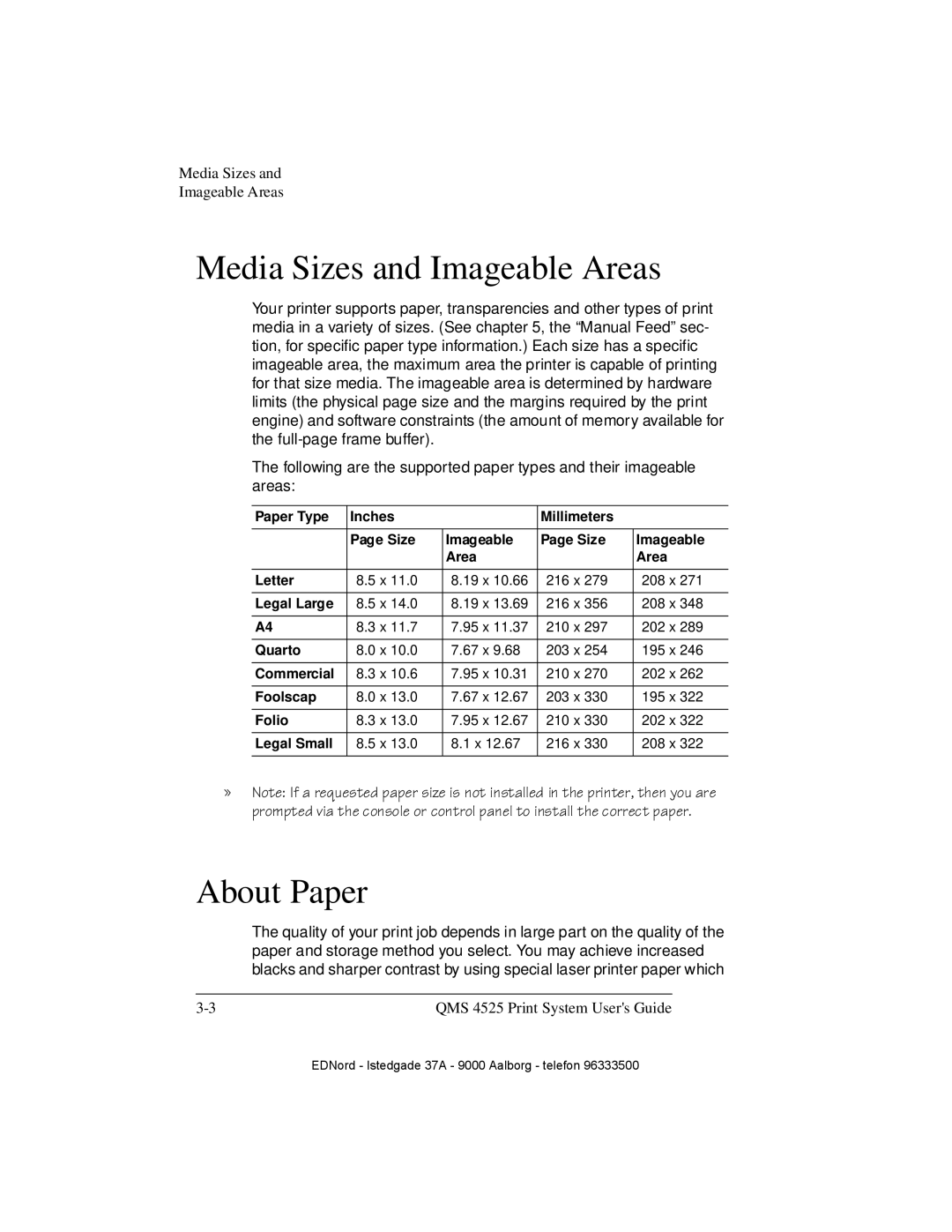IBM QMS 4525 manual Media Sizes and Imageable Areas, About Paper 