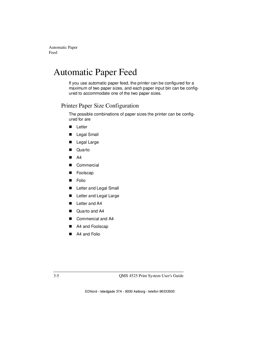 IBM QMS 4525 manual Automatic Paper Feed, Printer Paper Size Configuration 