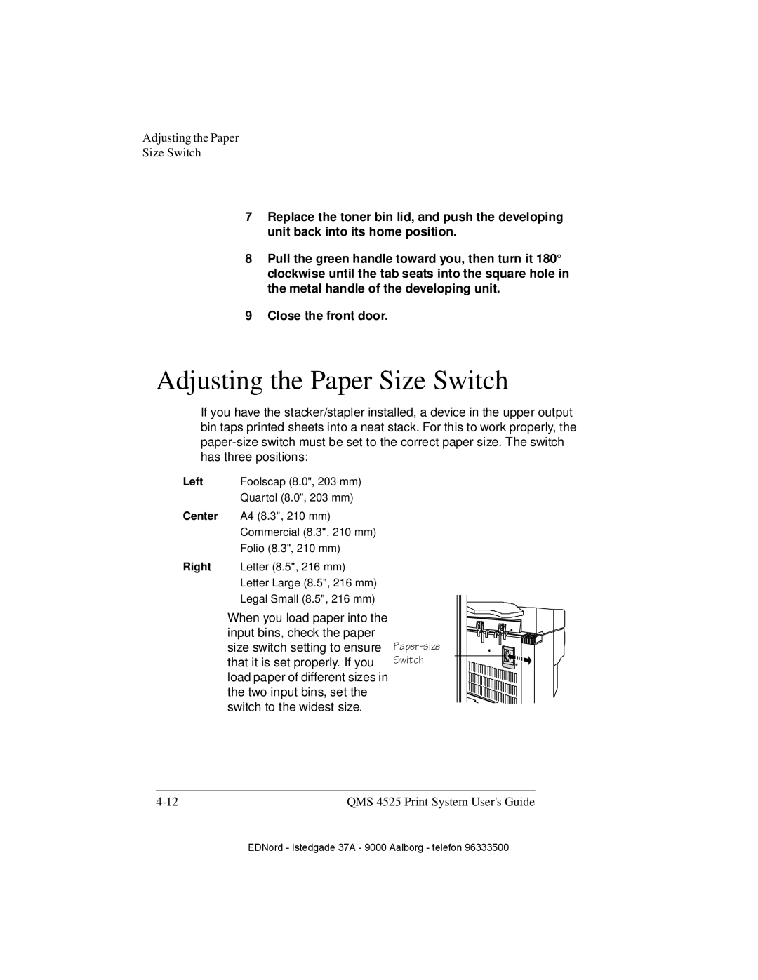 IBM QMS 4525 manual Adjusting the Paper Size Switch 