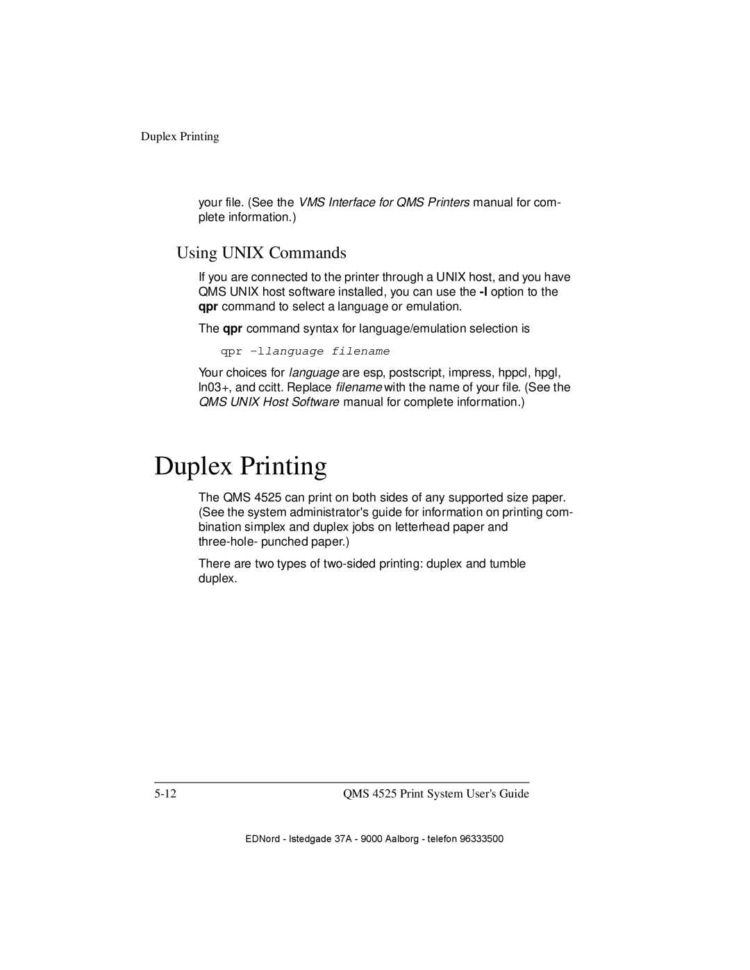IBM QMS 4525 manual Duplex Printing, Using UNIX Commands, qpr -llanguage filename 