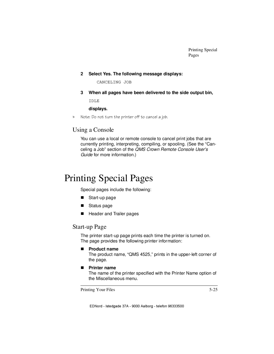 IBM QMS 4525 manual Printing Special Pages, Using a Console, Start-up Page 