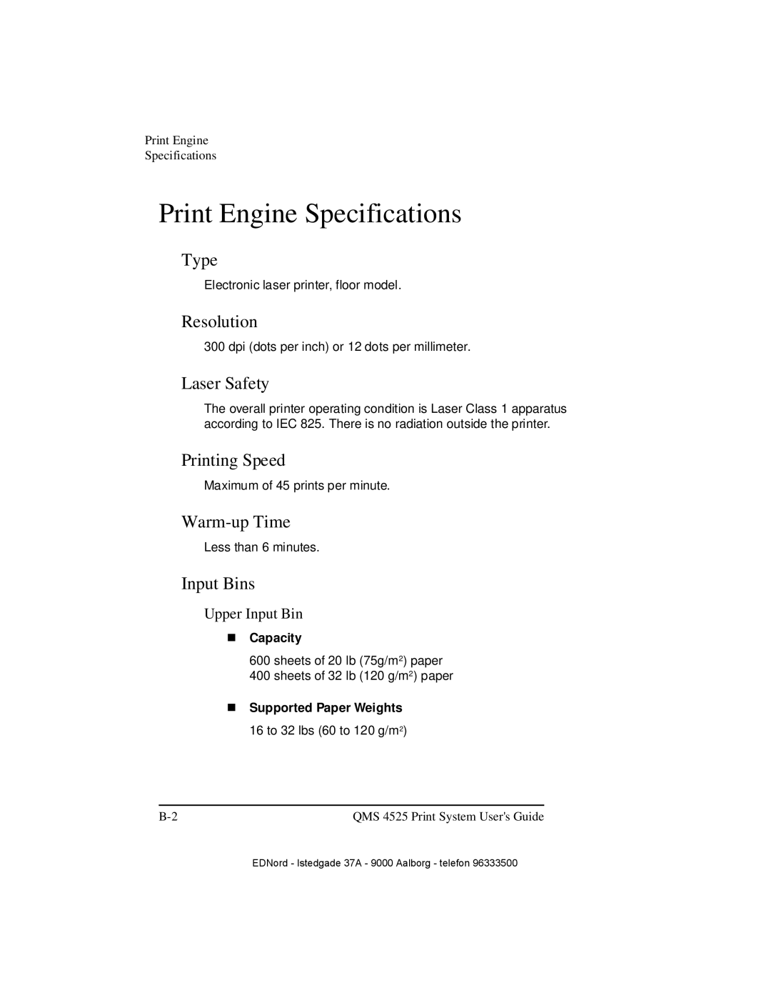 IBM QMS 4525 manual Print Engine Specifications 