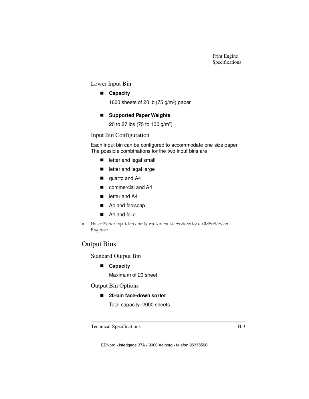 IBM QMS 4525 manual Output Bins, Lower Input Bin, Input Bin Configuration, Standard Output Bin, Output Bin Options 