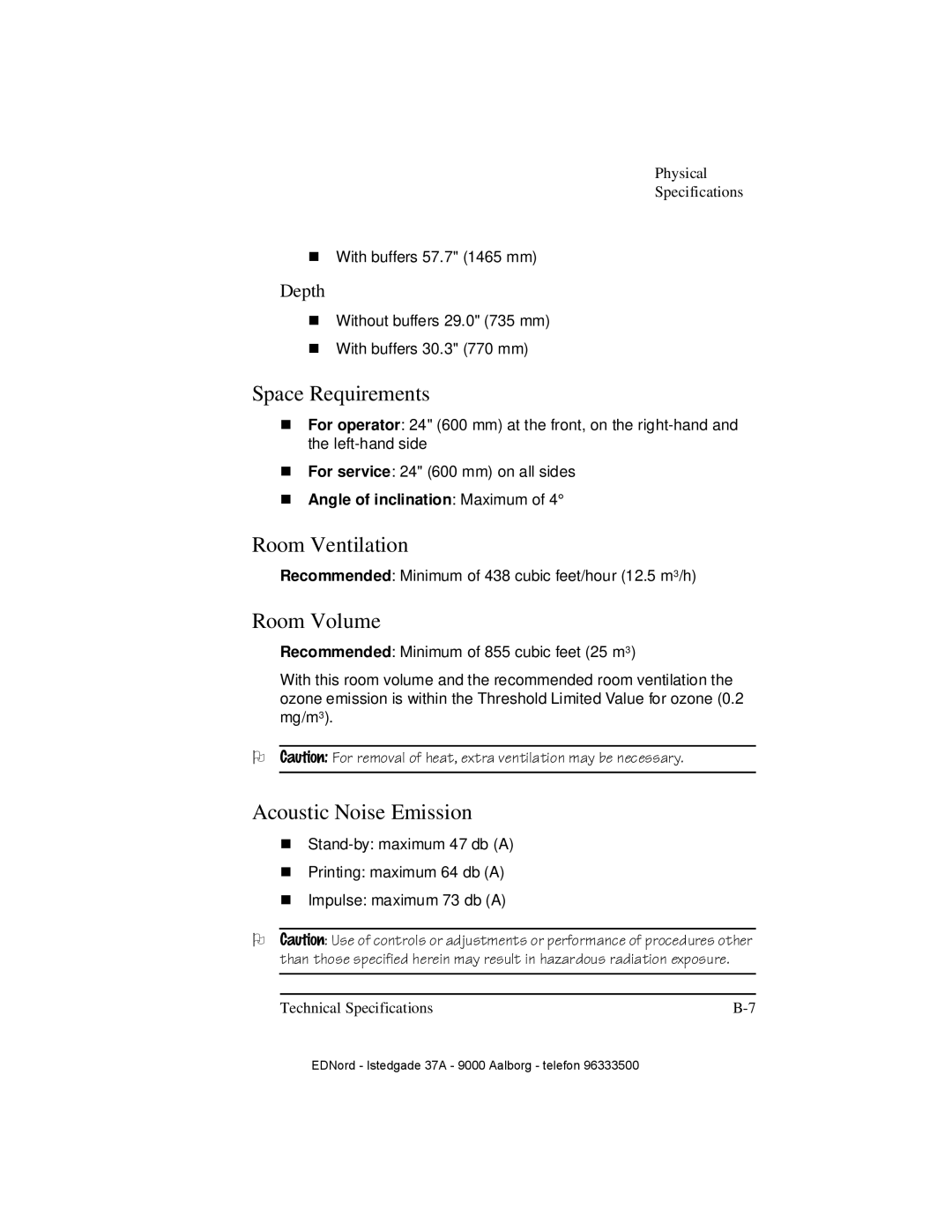 IBM QMS 4525 manual Space Requirements, Room Ventilation, Room Volume, Acoustic Noise Emission, Depth 