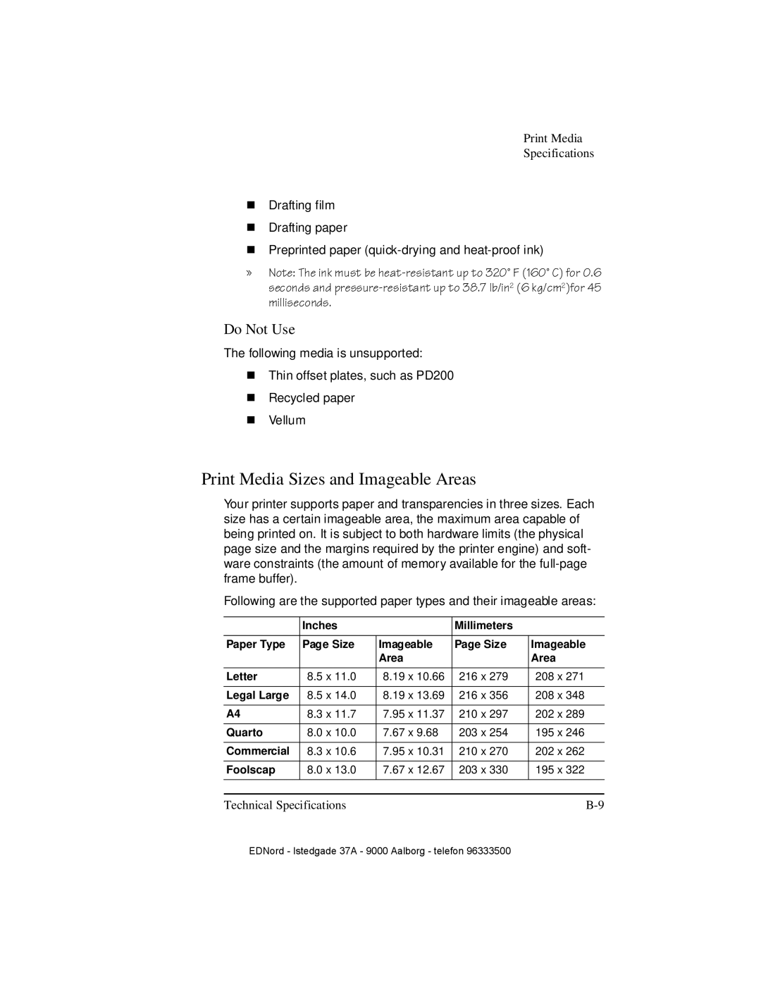 IBM QMS 4525 Print Media Sizes and Imageable Areas, Do Not Use, Inches Millimeters Paper Type Size Imageable Area Letter 